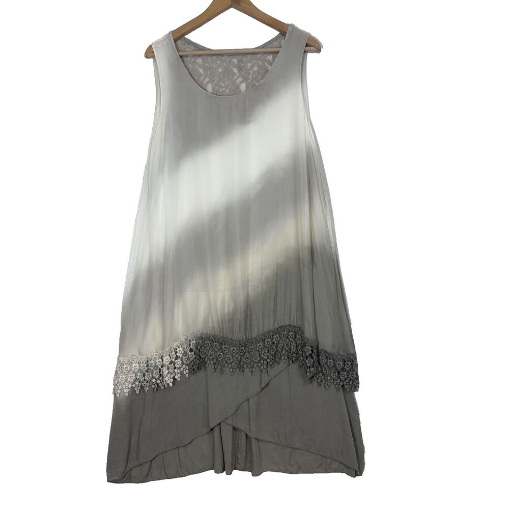 Tempo Paris Two Tiered Silk Lace Trim Sleeveless Shift Dress Sz M/L Lagenlook